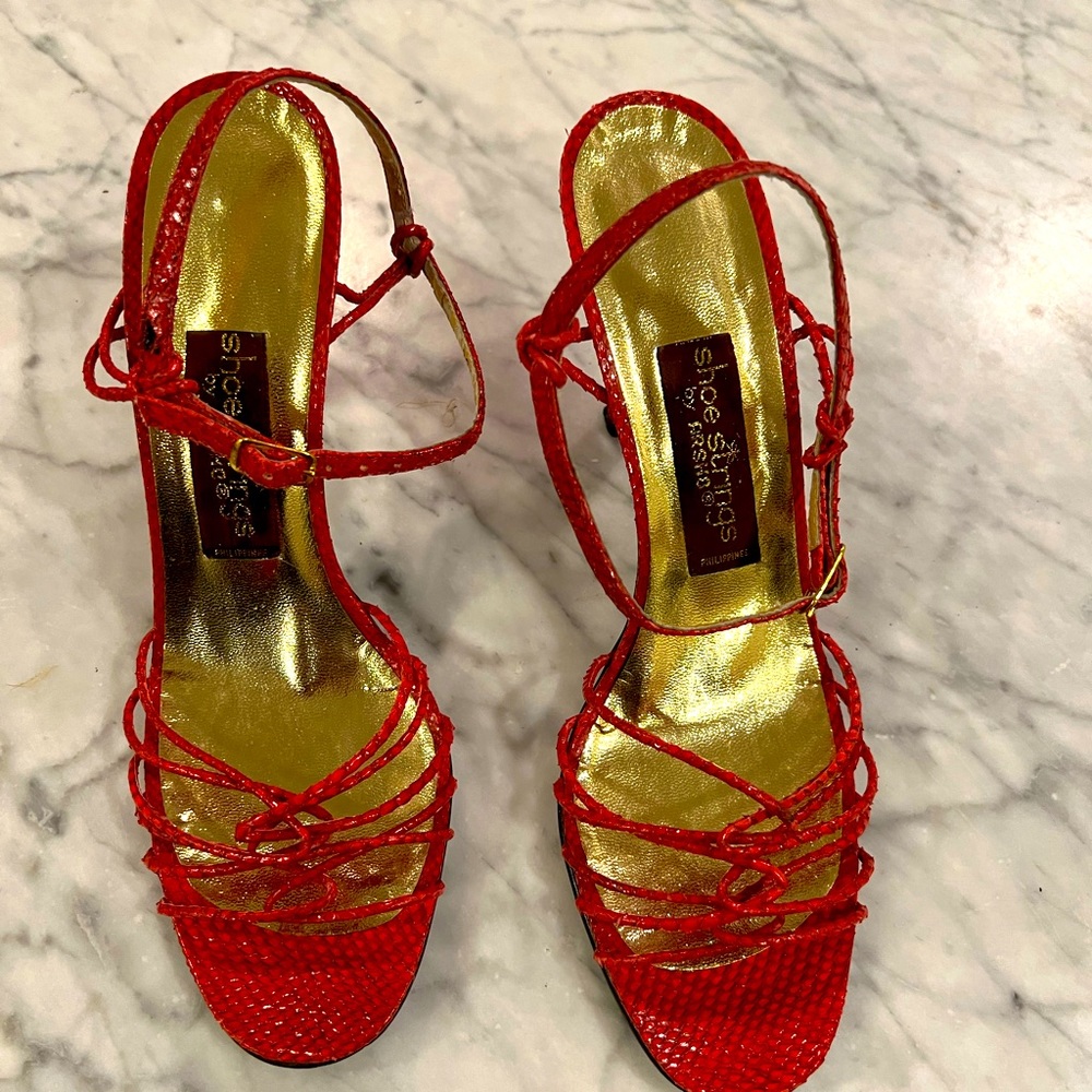 Vintage 80s Red Strappy Heels.  Shoe Strings by Arsho size 7 1/2  or 7.5